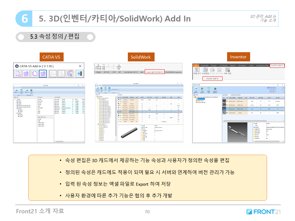 Front21 프로그램 연계 - 3D (Inventor/CATIA/SolidWork) Add in 속성 정의/편집